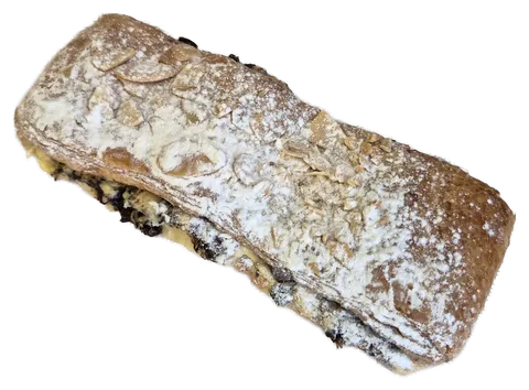 Suizo alargado con almendra fileteada y azúcar glass, con chocolate asomando por el costado